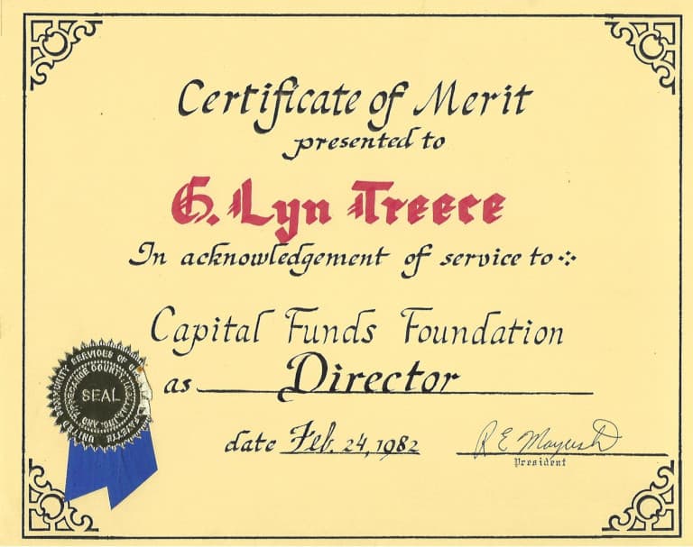 Lyn Treece Capital Funds Foundation Certificate of Merit